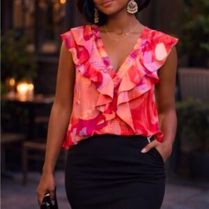 Pink Orange Purple Ruffle Summer Deep V- Neck Top Size Medium